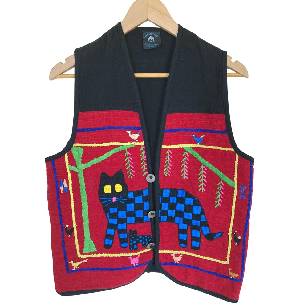 Rising Tide Embroidered Cat Folk Art Vest Red Black Cotton Guatemala Womens L